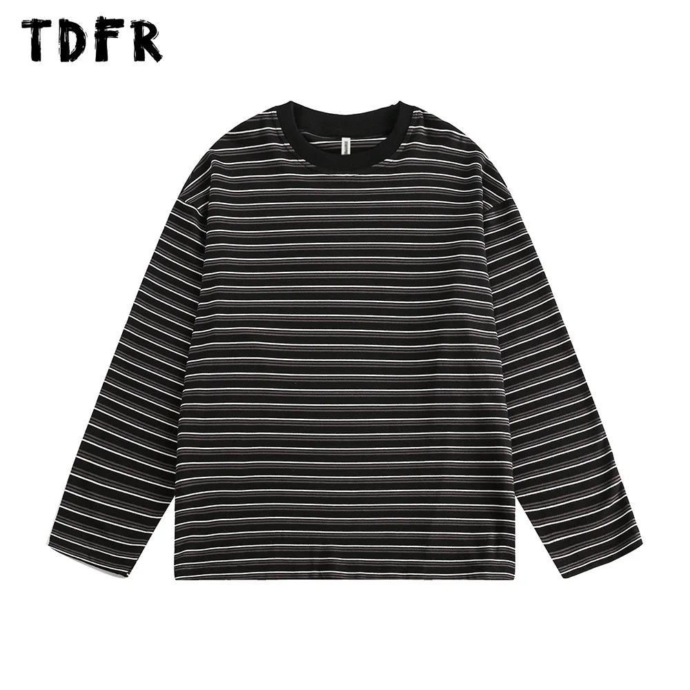 

Pinstripe Long Sleeve T-shirt Mens Autumn Casual Streetwear Loose Crew Neck Tee Men Tshirt