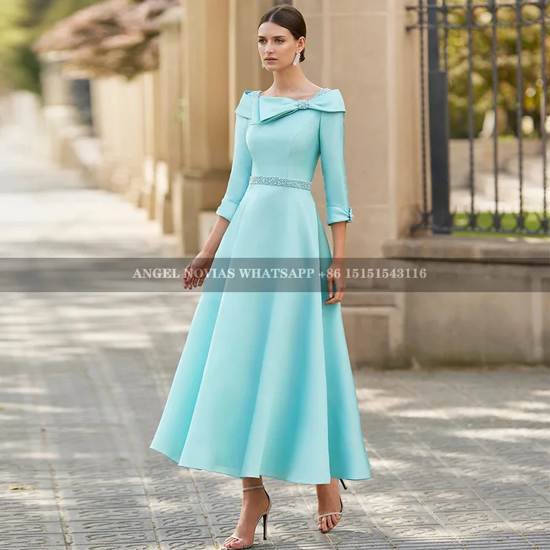 

Tea Length Satin Mother of the Bride Dress with Sleeves Wedding Party Dress Robes Invitee Mariage vestidos madre de la novia