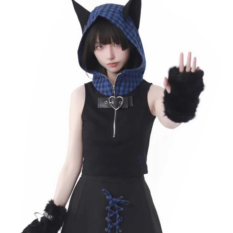 Cat Ear Blue Lattice Sweater Hoodie Top Set Summer Love Button Y2K Splicing Japan Strap Anime JK Cos A-line Skirt Top Suit New