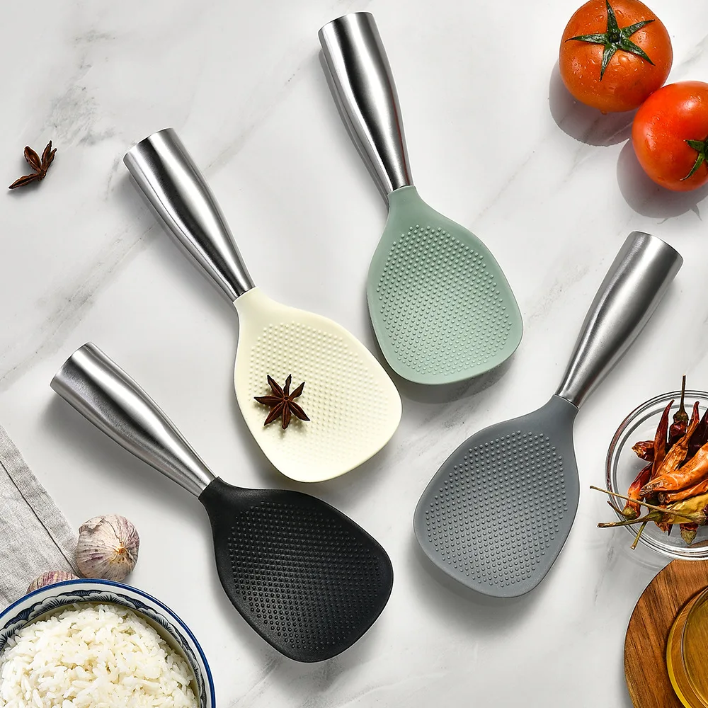 1PCS Silicone Rice Spoon Stainless Steel Handle Non-stick Cooking Spoon Anti-scalding Pot Rice High-temperature-resistant Spoon view 4