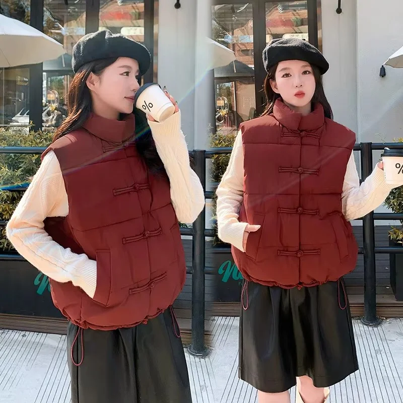 

Autumn Winter Fashion Stand Collar Chinese Style Women's Down Cotton Vest Coat Women Sleeveless Retro Ladies Waistcoat Jacket