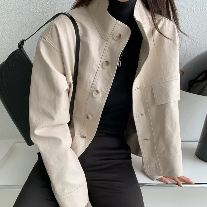 Chaqueta de cuero sintético para mujer, abrigo corto de manga larga, informal, estilo coreano Vintage, cuello levantado, botonadura única, otoño