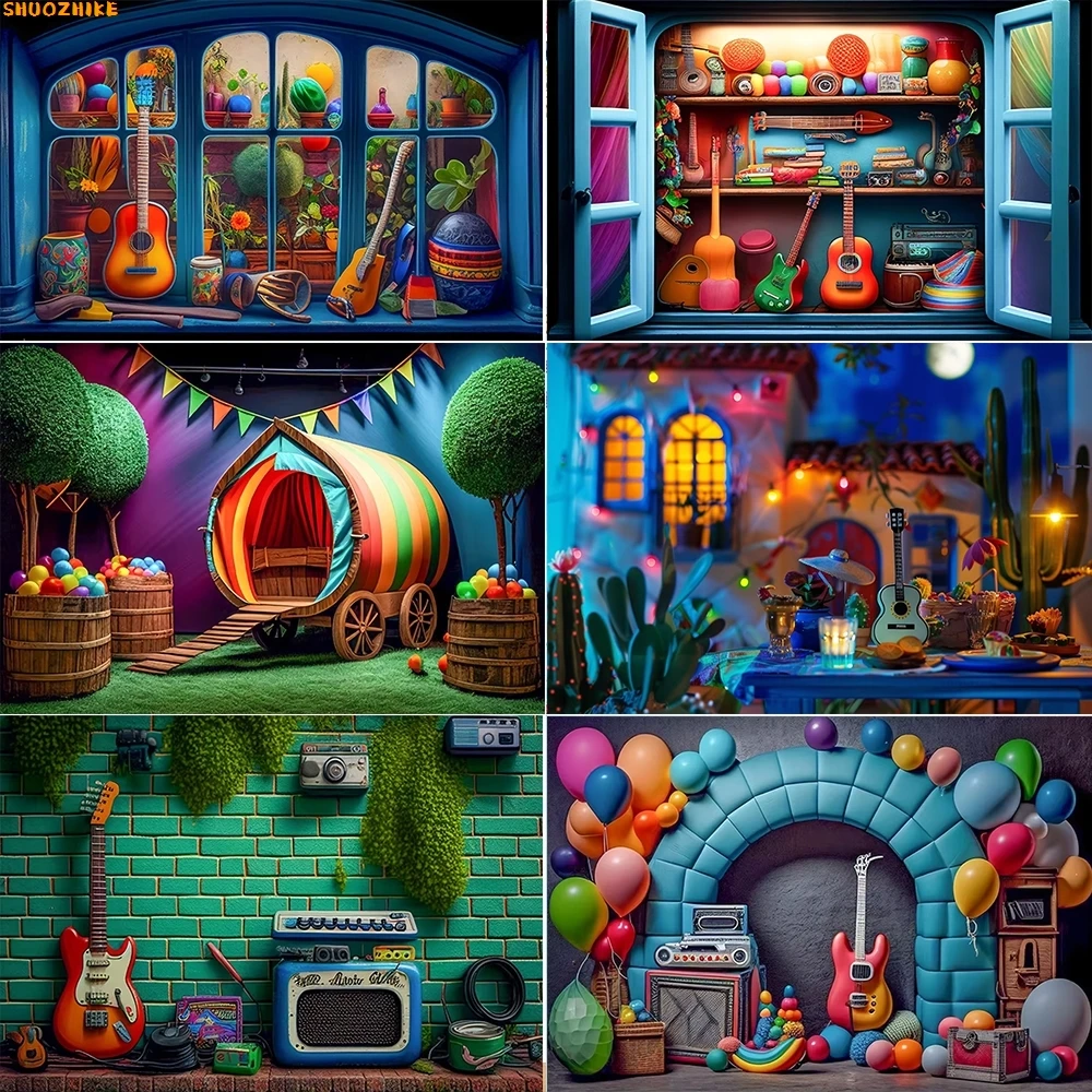 

Retro Style Guitar Tent Photography Backdrops Children Newborn Baby Shower Party Music Magic Forest Cabin Kids Background GQ-01