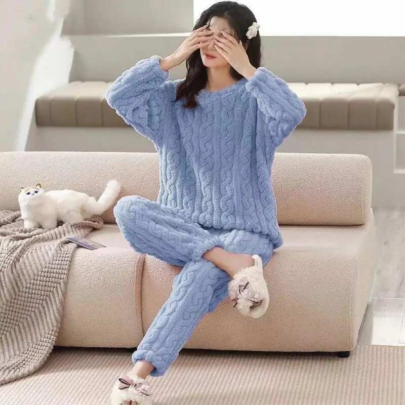 

Thickened Two-Piece Set Women's Pajamas Homewear Loungewear Autumn Winter Girl Student Coral Fleece Flannel Jacquard Keep Warm