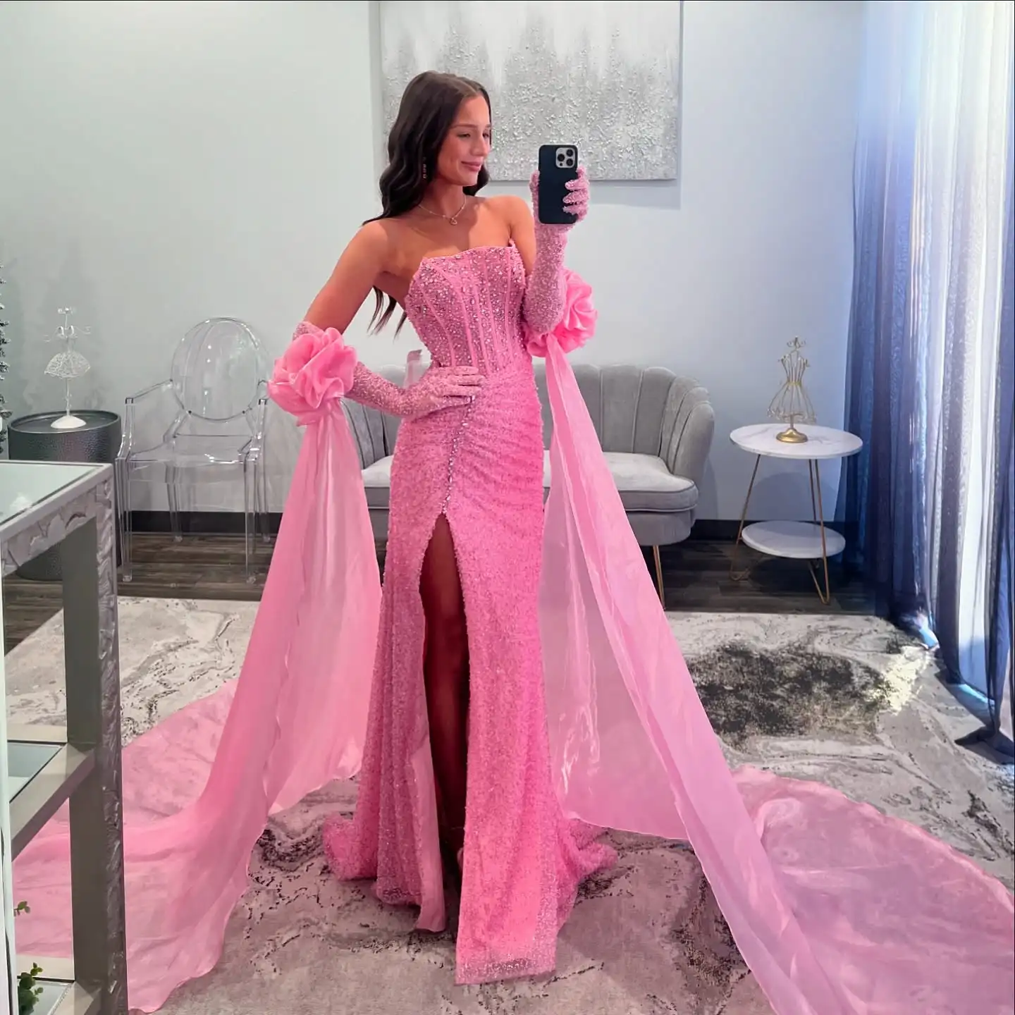 

Pink Sparkly Beads Strapless Neckline Mermaid Prom Dresses Long for Women 2025 Corset Crystal Side Slit Evening Gowns Customized