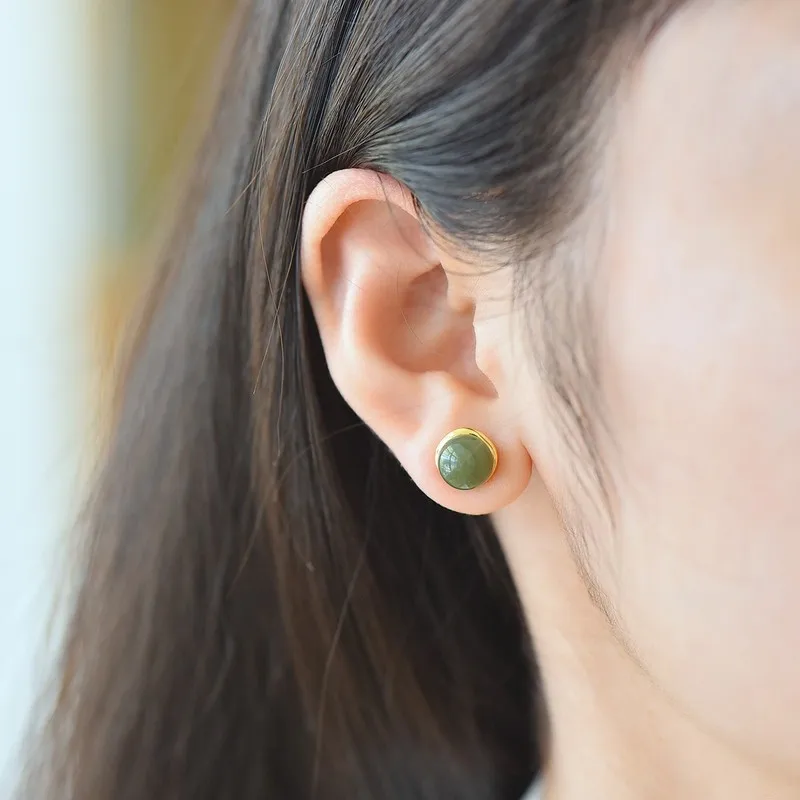 S925 inlaid with Hetian jade in smoky green color, 8mm plain silver , vintage style earrings