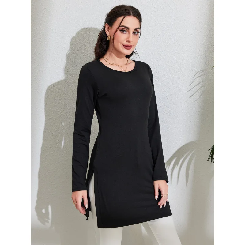 T-shirt Long à fente Ne ronde pour femmes, coupe cintrée, élégant, décontracté, confortable, toutes saisons, porter un autre matériau 00%