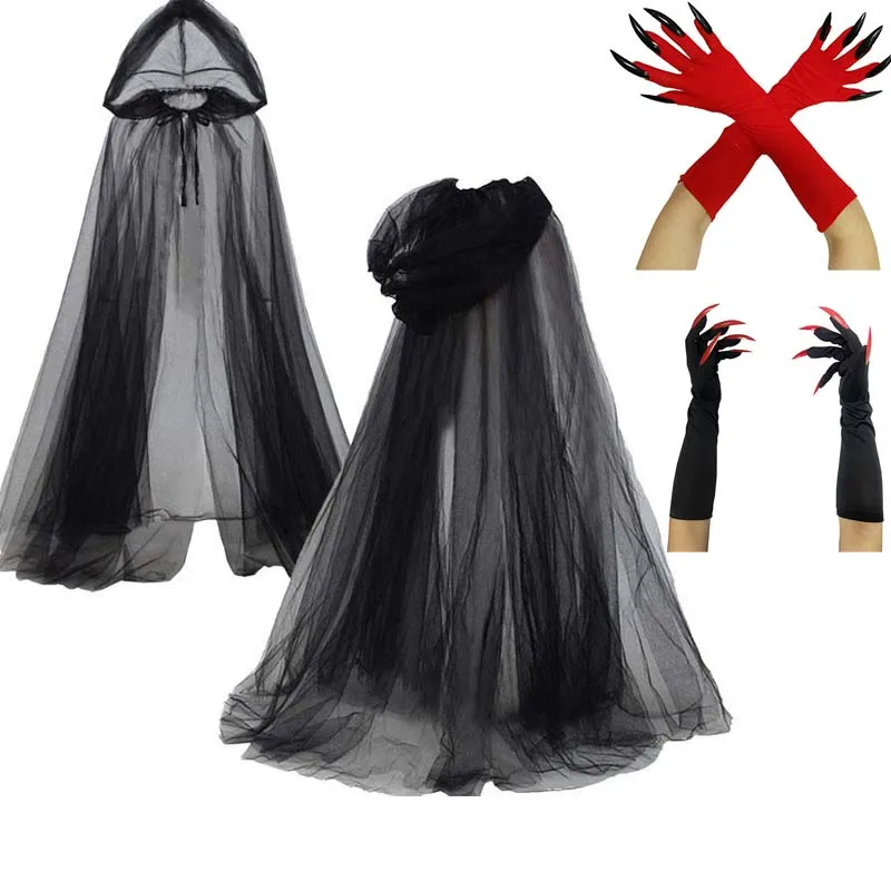 

Halloween Cape with Hooded Mesh Witch Costumes for Women Carnival Ghost Cosplay Cloak Black White Double Layers Capes 150cm