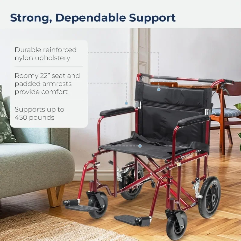 كرسي نقل بارياتيري قابل للطي في الهواء الطلق بأذرع كاملة الطول مع عجلات خلفية مسطحة مقاس 12 بوصة، أحمر، 22 بوصة