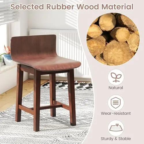 Swivel Solid Wood Dining Stools Set of 2, 19-inch Counter Height Chairs with Low Back, Footrest, Farmhouse Wooden view 5
