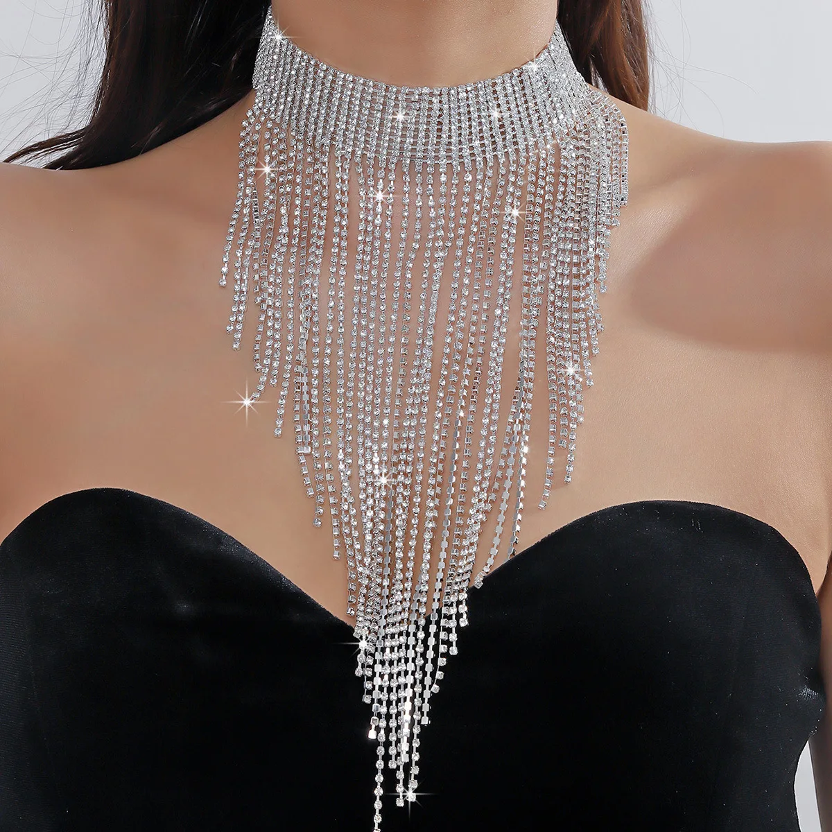 

Personality Gorgeous Feng Shui Diamond Fringed Necklace Neck Chain Exaggerated Diamond Collarbone Chain