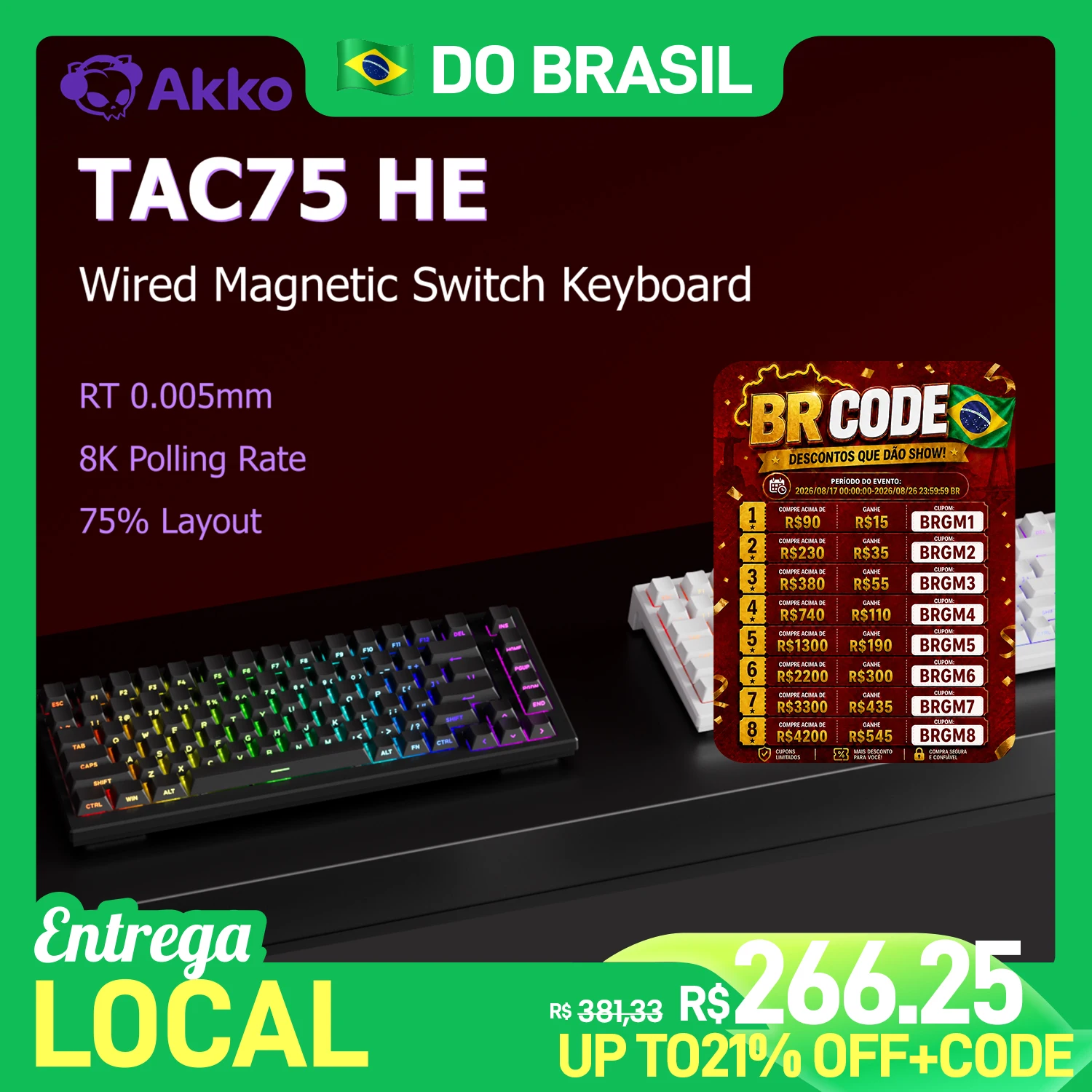 Teclado Magnético Akko TAC75 HE 75% com Gatilho Rápido de 0,005mm, RGB, Taxa de Polling de 8K, Teclado Mecânico com Fio para Jogos Esportivos para Gamers
