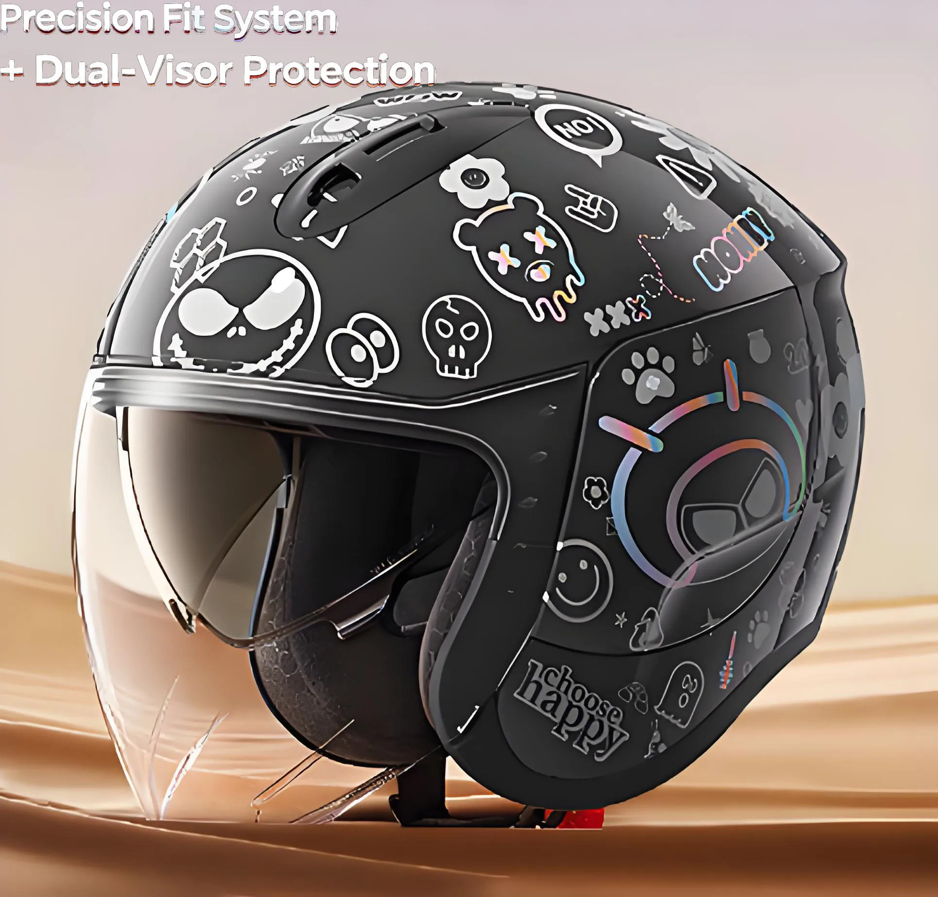 

Motorcycle Helmet with Dual Visors, 360° Adjustable Fit System & Cooling Airflow — 3D Liner, All-Season Comfort