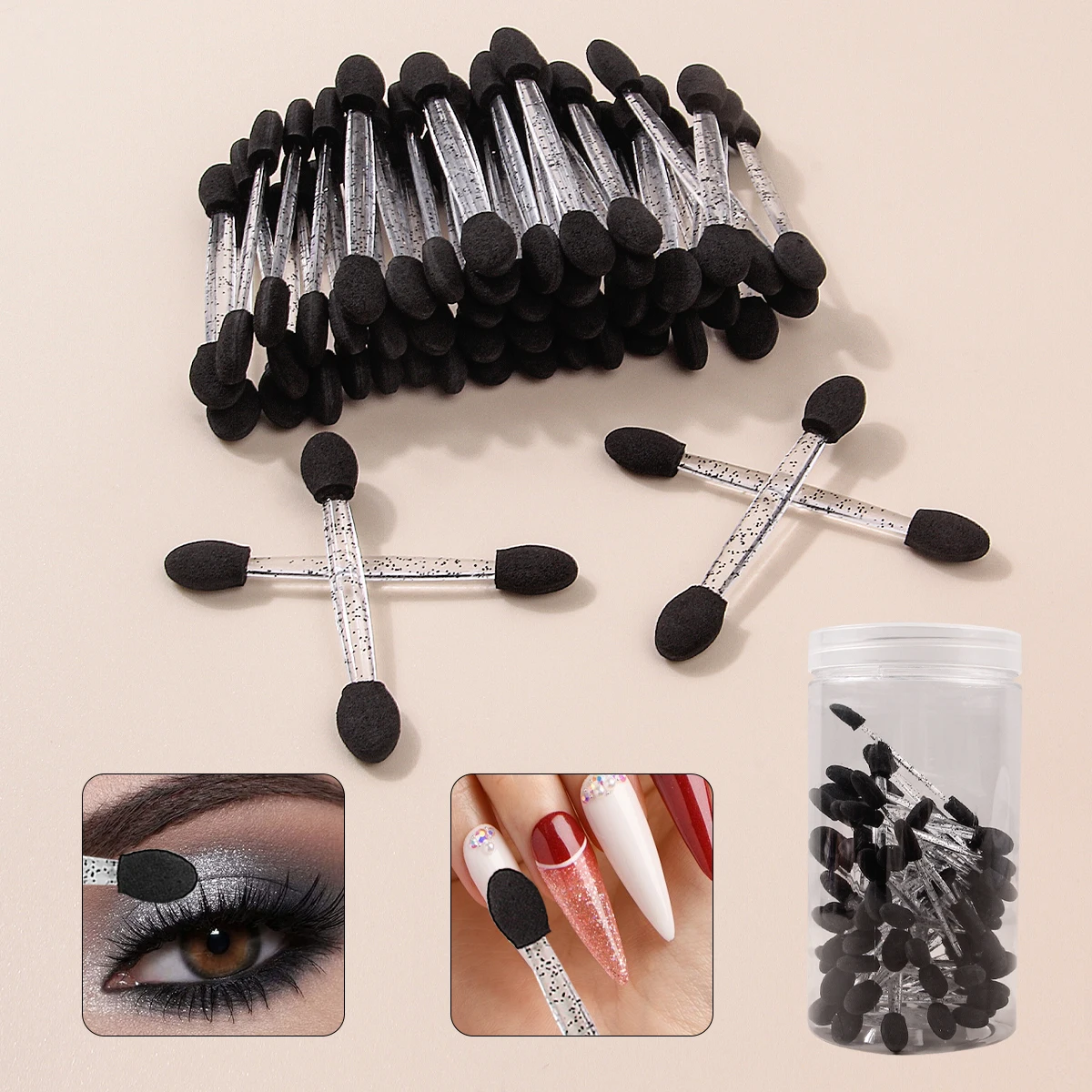 50PCS Double-Headed Sponge Eyeshadow Brush, Multi-Functional Applicator and Smudger +1PCS Transparent Storage Jar Makeup Tool