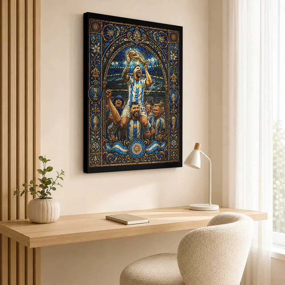 Lionel Messi Stained Glass Trophy Celebration Canvas Print Poster Custom Sports Portrait Canvas Wall Art for Bedroom Gym Decor