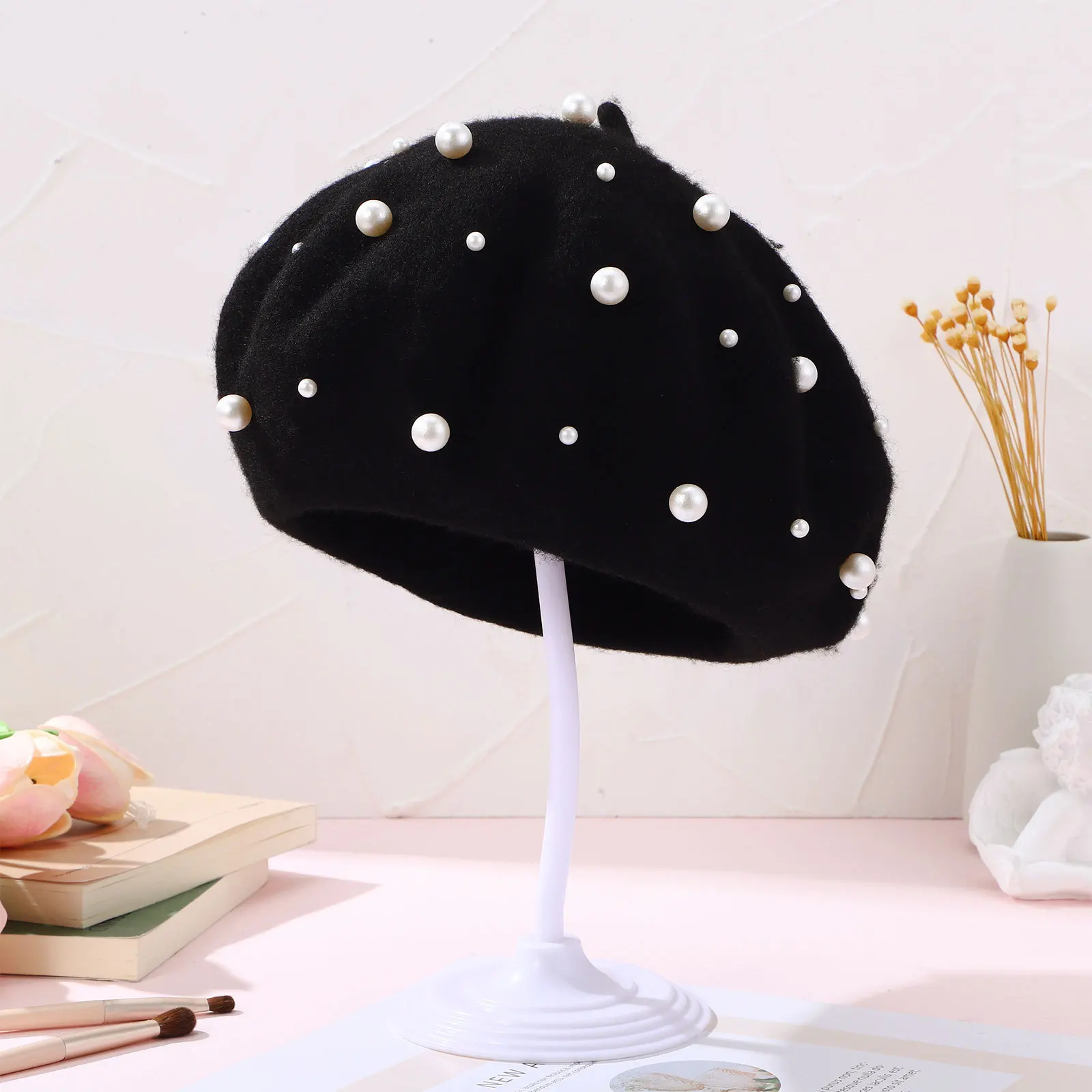 

Women'S Pearl Beret Autumn Winter Cashmere Foldable Wool Hat For Outdoor Casual Family Gift Black Free Size