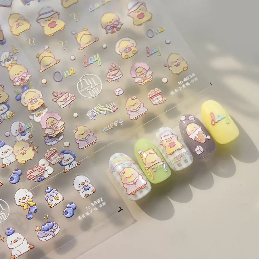 Cute White Yellow Duckling Blueberry Cake High Quality Nail Stickers Design Decoration DIY Manicure T-3892