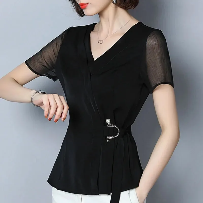 Women Blouse and Tops Black Shirts Blouses Summer Women Ladies Tops Beading Chiffon Blouse Short Sleeve V-Neck 2882 50