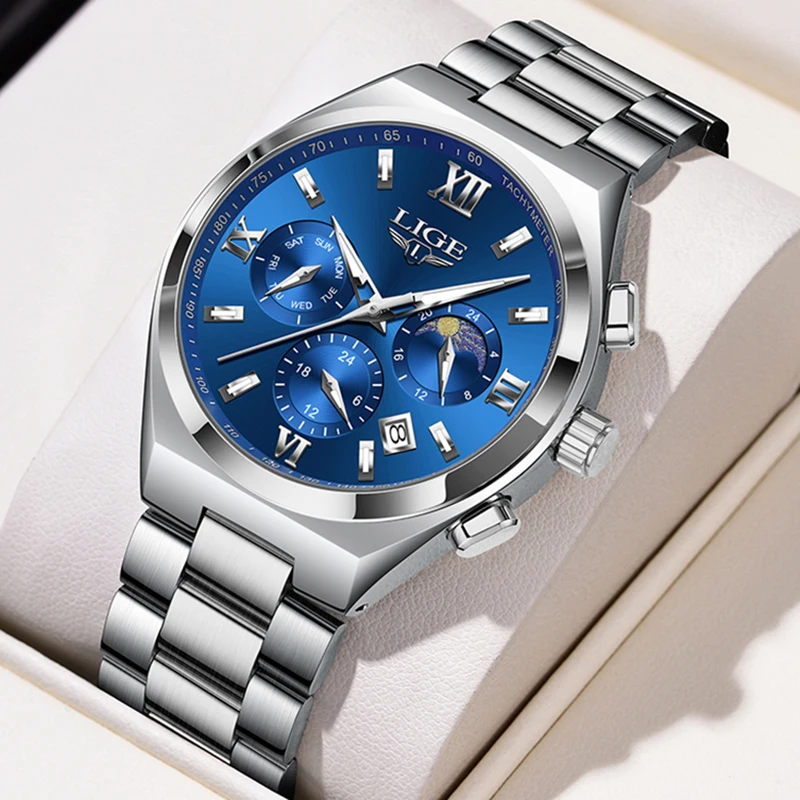 

LIGE оригинальные роскошные кварцевые часы для мужчин, модные деловые часы из нержавеющей стали, простые повседневные водонепроницаемые светящиеся мужские часы с календарем на неделю