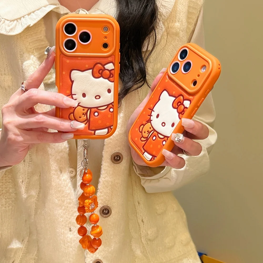 Leather Striped Orange Teddy Bear KT  Is Suitable For Apple Phone Case 17 Pro Max 16 15 Pro 14 13 Phone Case With Accessories