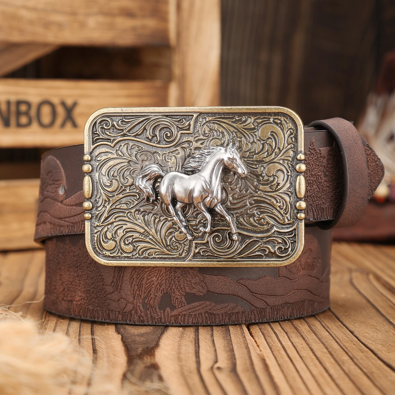 A Western-Buckle PU Belt Suitable for Both Men and Women, A Unique and Retro Brown Belt (With Perforated Nails Included)