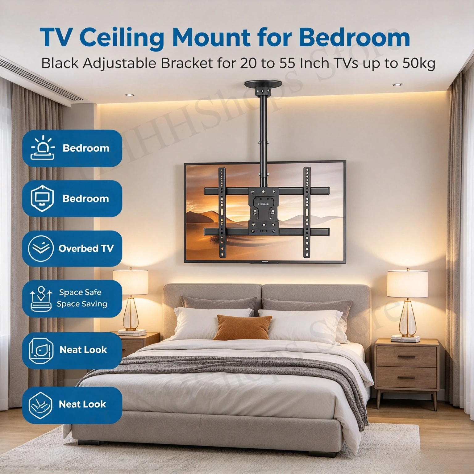 Soporte de techo para televisión con altura ajustable, de 60 a 90 cm, para televisores de 20 a 55 pulgadas, con capacidad máxima de 50 kg, compatible con el estándar VESA, soporte resistente para televisión.