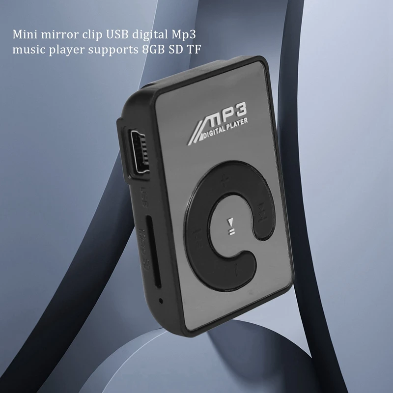 Pemutar musik Mp3 Digital USB klip cermin Mini mendukung 8GB kartu TF SD hitam