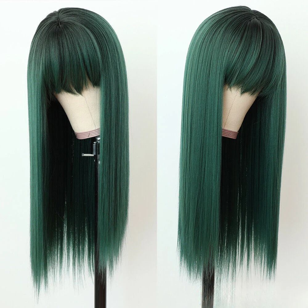 Ombre Green Synthetic Hair No Lace Heat Resistant Party Wig Straight Bangs