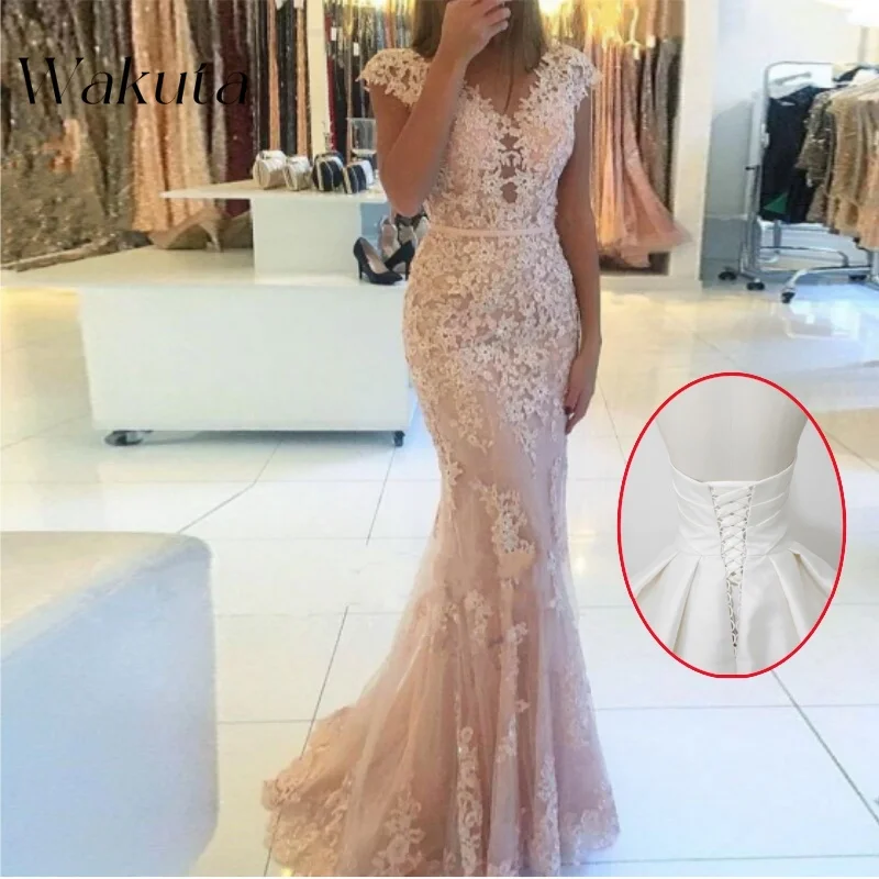 Wakuta Vintage Classic V-Neck Lace Engagement Evening Robe Chic Slim Applique Mesh Princess Banquet Party Vestido Elegante Mujer