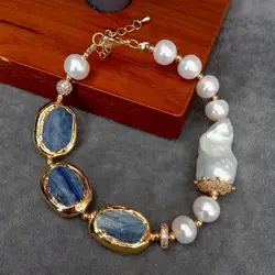 KKGEM 17x23mm Natural Blue Kyanite rectangle15x30mm  Freshwater Cultured White Keshi Pearl  Bracelet Fashion Handmade Jewelry