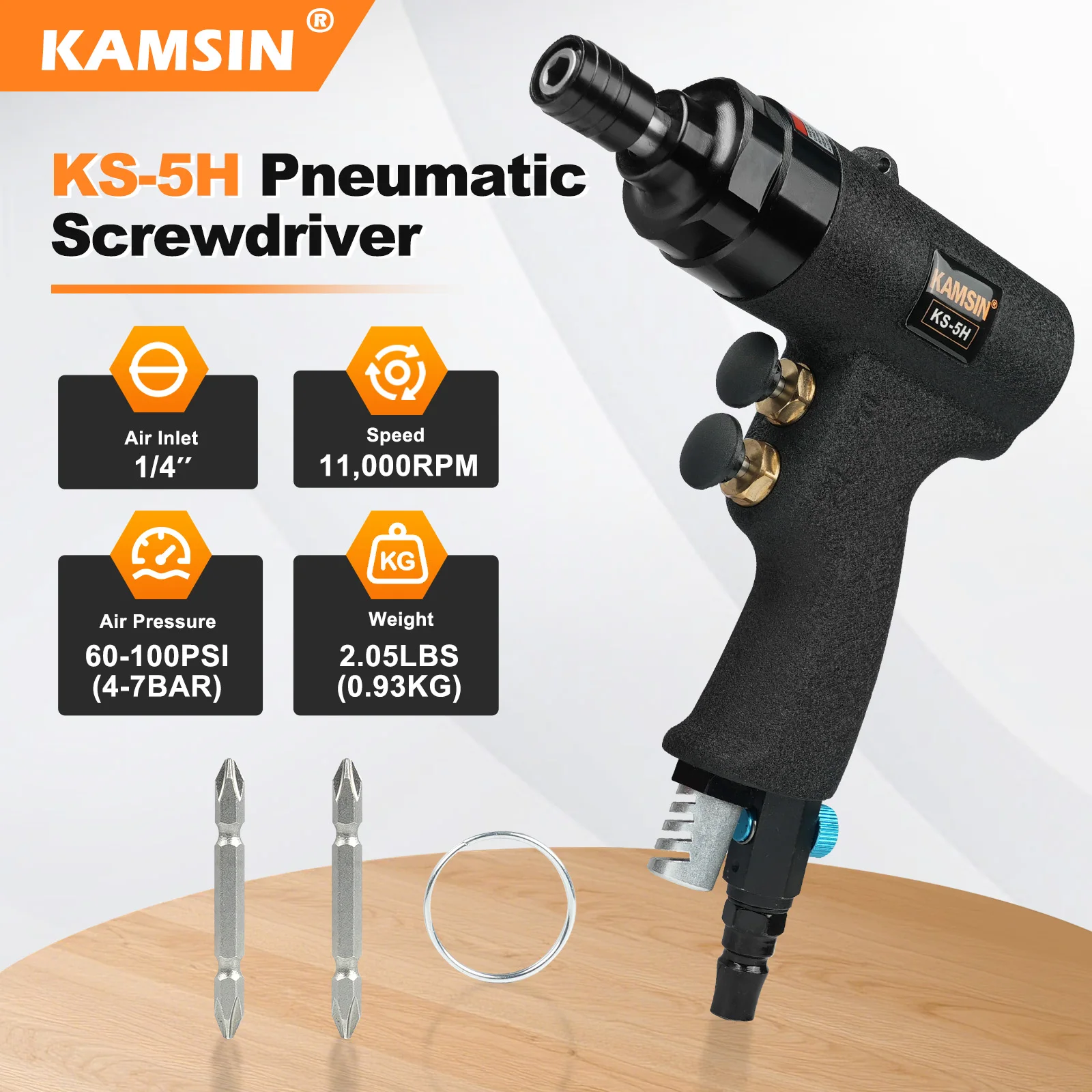 KAMSIN KS-5H Pneumatic Screwdriver Gun - 11000 RPM, 80Nm Torque, Forward & Reverse Switch, 1/4'' Air-Powered Impact Screw Pistol