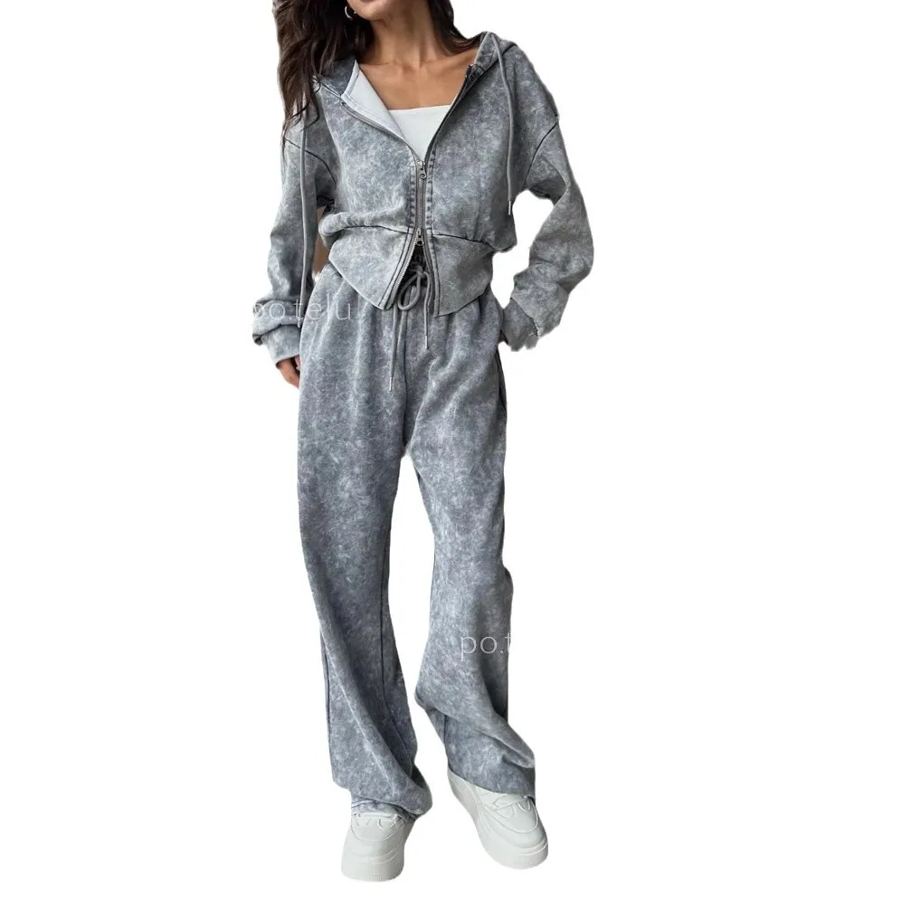 2025 مجموعة هوديي مغسولة محفورة المرأة سحاب أكمام طويلة هوديي أنبوب مستقيم عالية الخصر سراويل تقليدية