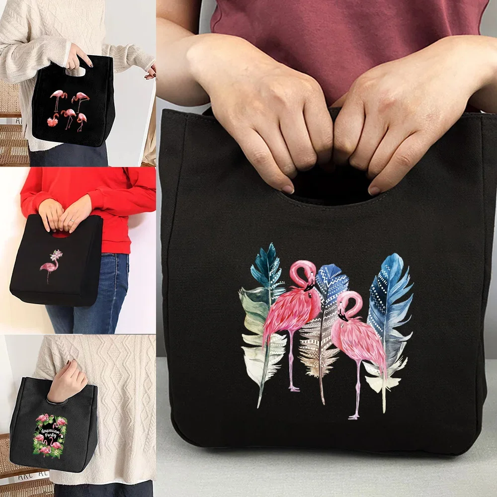 

Thermal Lunch Dinner Bags Canvas Flamingo Print Handbag Picnic Travel Packed Food Bag School Child Convenient Tote Breakfast Box
