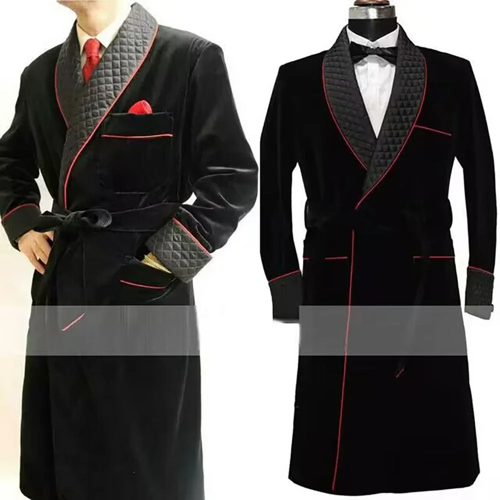 Imagen 5: Chaqueta larga de terciopelo para fumar para hombre, abrigo de novio de boda con solapa chal de 1 pieza para fiesta de noche, ropa masculina Terno con cinturón