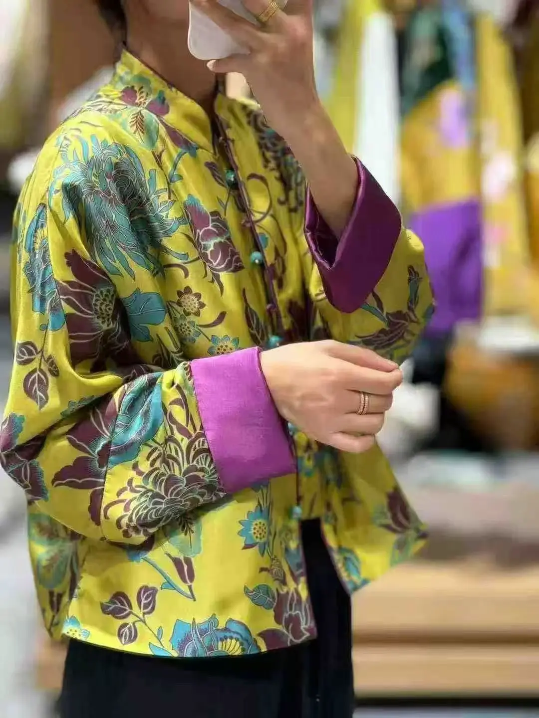 Spring and Autumn Winter New Silk Twill Fabric Yellow Printed Stand up Collar Chinese Style Women's Coat S-XL