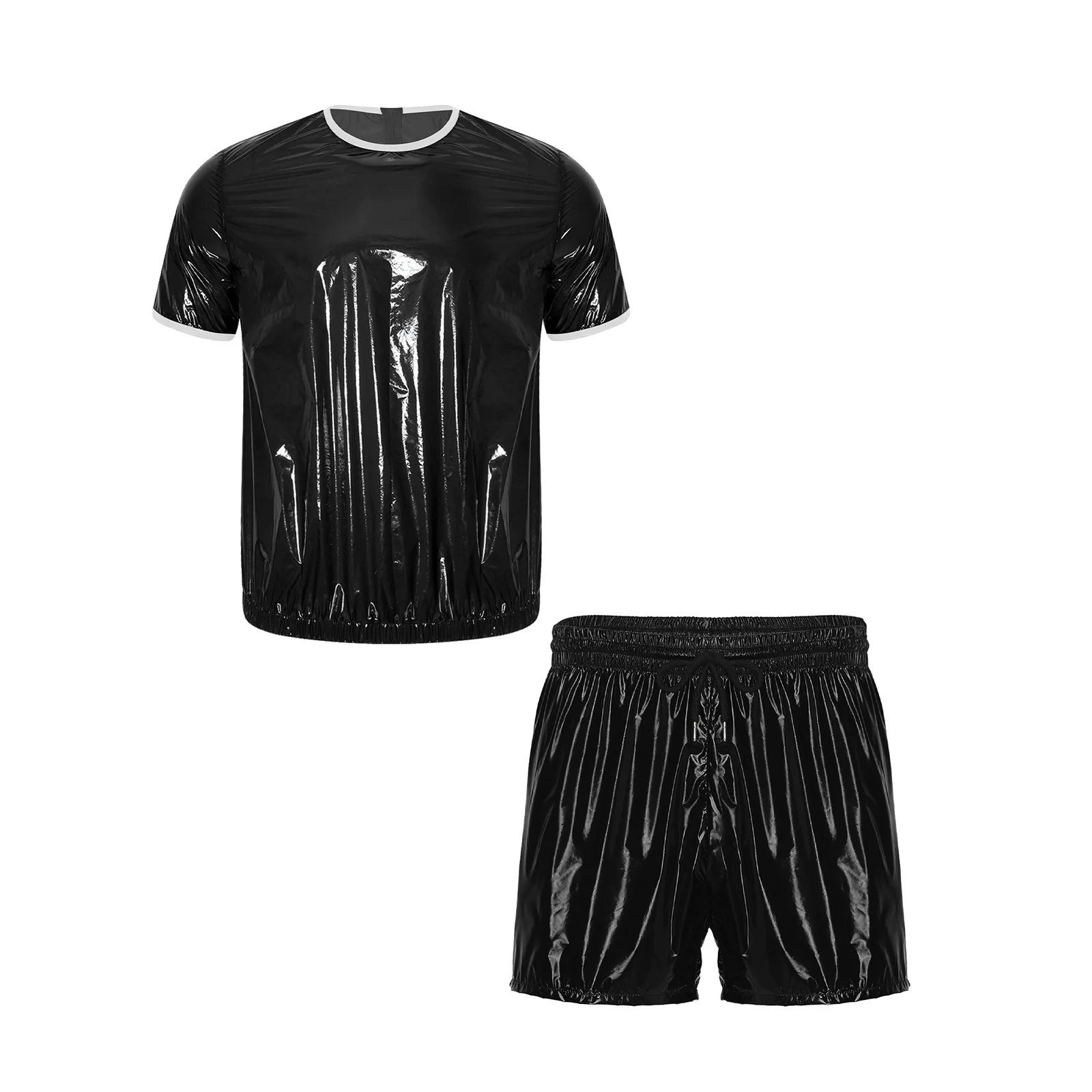 Wasserdichtes Vinyl-Outfit für Herren mit kontrastierendem Besatz, kurzärmliges T-Shirt, Oberteil und Slips, Boxershorts, 2-teiliges Set, Badebekleidung, Clubwear
