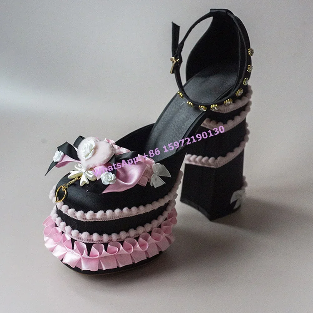

Lece Bows Platform Pumps Square Toe Chunky Heels Ankle Band Lovely Lolita Shoes Light Color Women's Lovely Dress Shoes