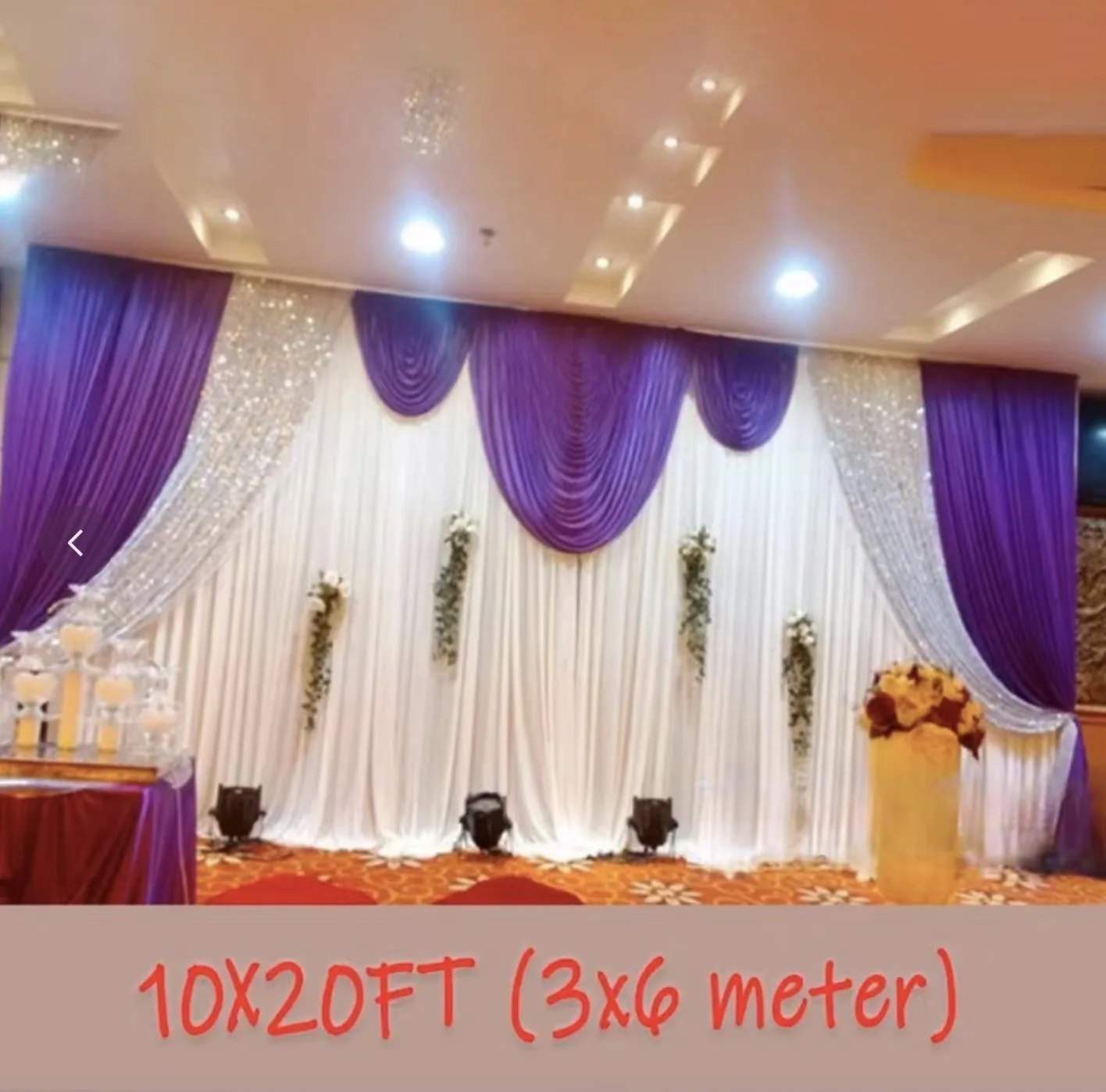 10x20ft White Backdrop Curtain With Purple Drape Sequins Valance Stage Backdrop Background Party Event Wedding Church Decoration