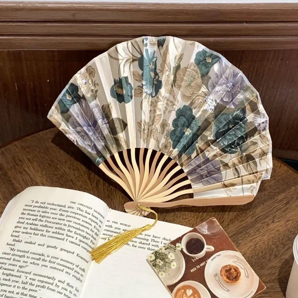 Chinese Style Hand Fold Fan Woman Men Portable Silk Flower Folding Fan Bamboo Wood Dance Props Retro Shell Fan