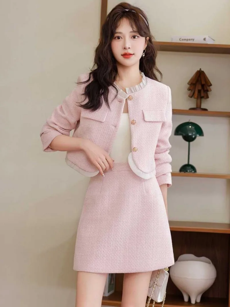 New High End Autumn Tweed Women's Two Piece Set Elegant Slim O-neck Long Sleeve Short Jacket + Mini Skirt Small Fragrant Suit