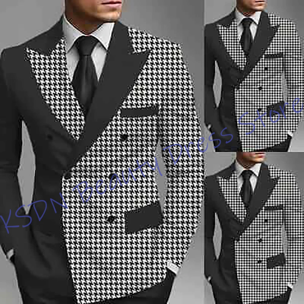 Houndstooth Contrast Men’s Suits Double-breasted Blazer Formal Business Party Outfit Wedding Guest Fashion Two Piece