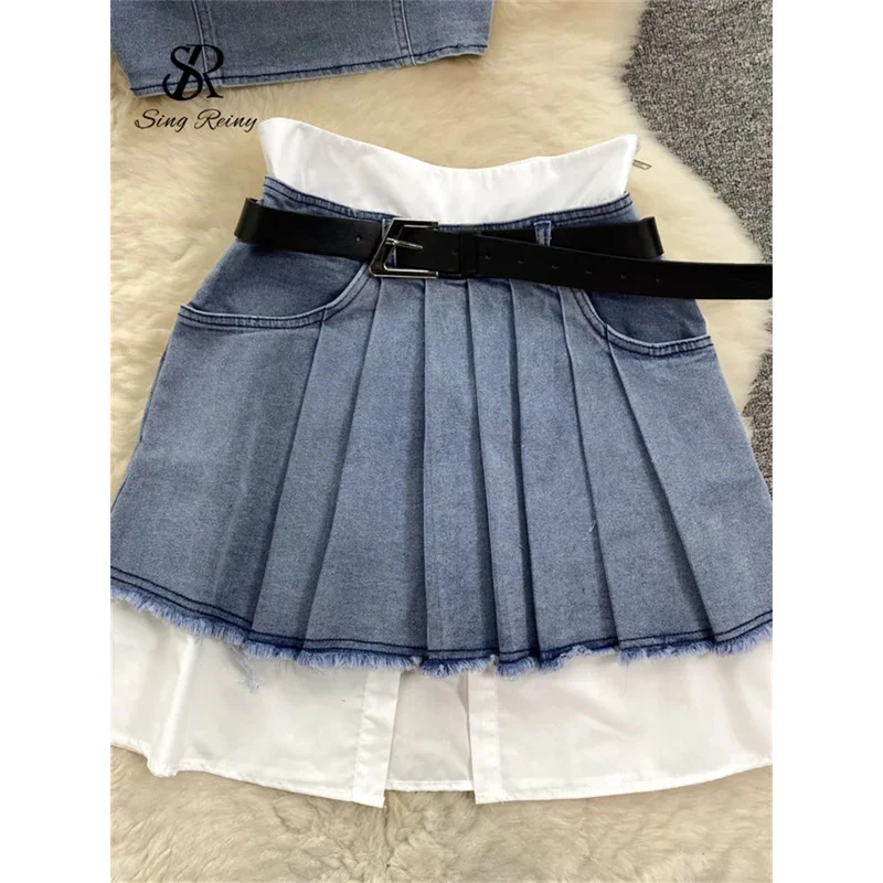SINGREINY Mode Amerikanischen Retro Y2K Sexy Denim Anzüge Frauen Liebsten Mini Top + Plissee Mini Rock Vintage Strand Zwei Stücke set