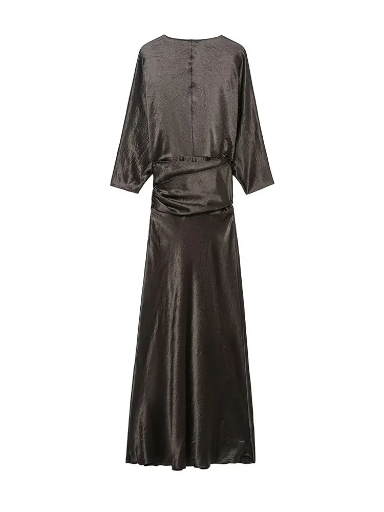 HH Women Summer Sexy Deep V-Neck Silk Satin Texture Belt Decoration Midi Dress Female Fashion Short Sleeve Solid Casual Dress