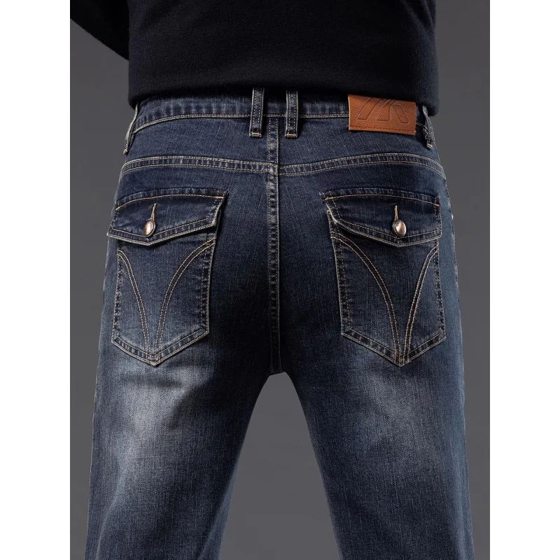 Autumn Winter Thick Middle-aged Men's Jeans Stretch Slim Straight Versatile Retro Flap Pocket Business Pants