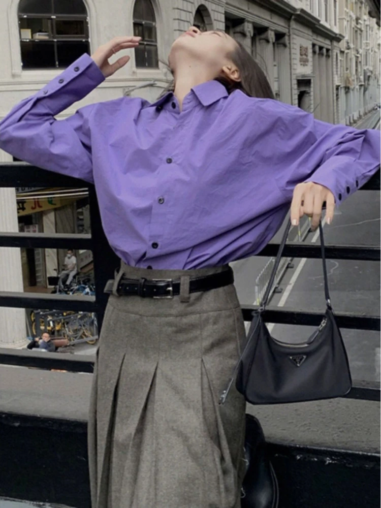 Purple Shirts Women Gentle Office Lady Loose Leisure Sweet New Autumn Korean Clothes Stylish Basic De Mujer Buttons Design Tops