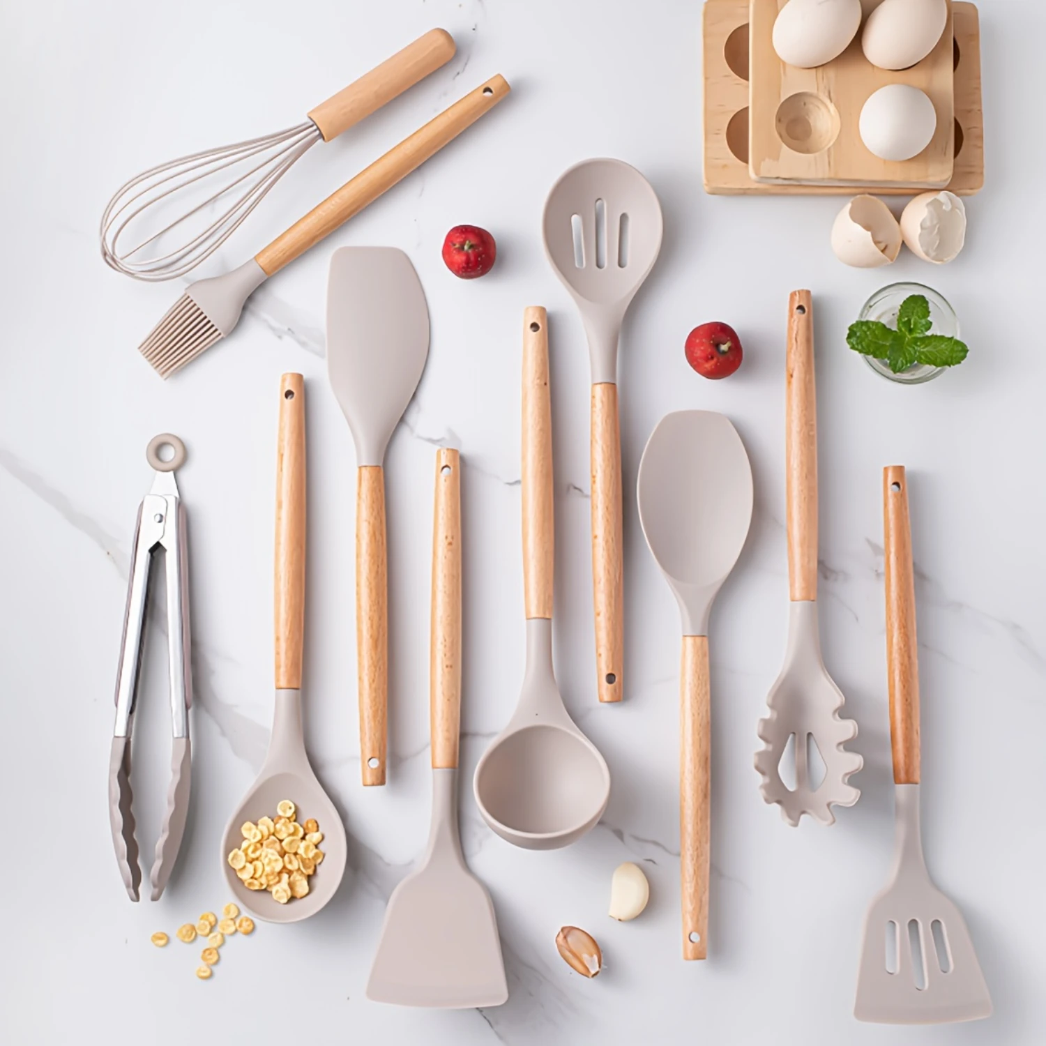 Silicone Cooking Utensils Set with Wooden Handle, Non-stick Pot Tools, Heat Resistant Turner, Tongs, Spatula, Spoon, Oil Brush,