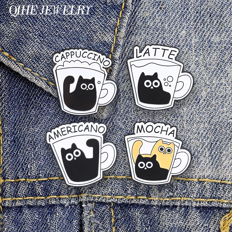 Cartoon-Kaffeekatzen-Emaille-Pin: Niedliche Americano-, Latte-, Mocha-, Cappuccino-Katzen-Kaffee-Design-Brosche für Kleidung und Taschen – Dekorative Anstecknadeln