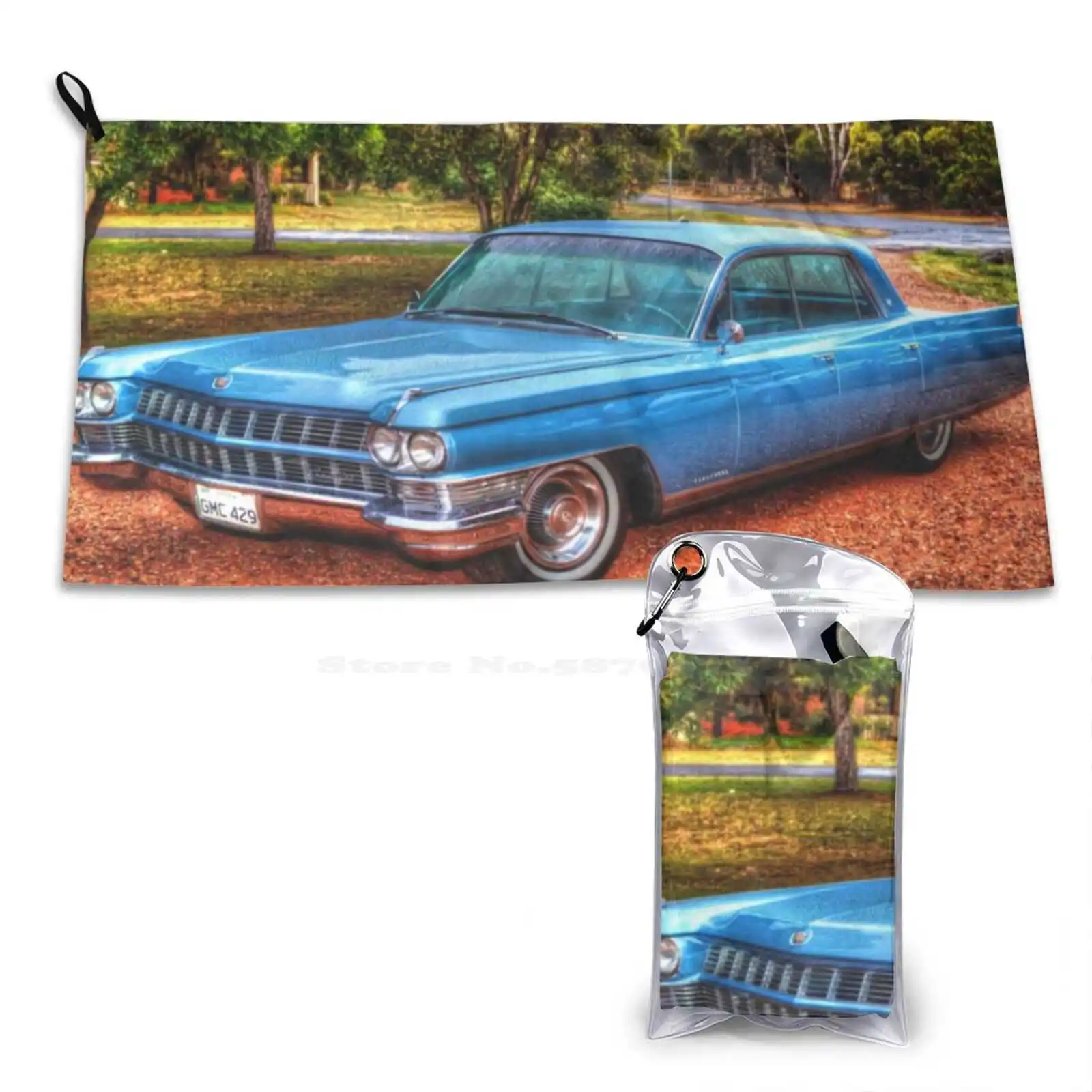 In The Rain Soft Microfiber Fabric Face Towel Classic Blue Classy American Retro Cars Vintage Automobile Coupe 1950S Black