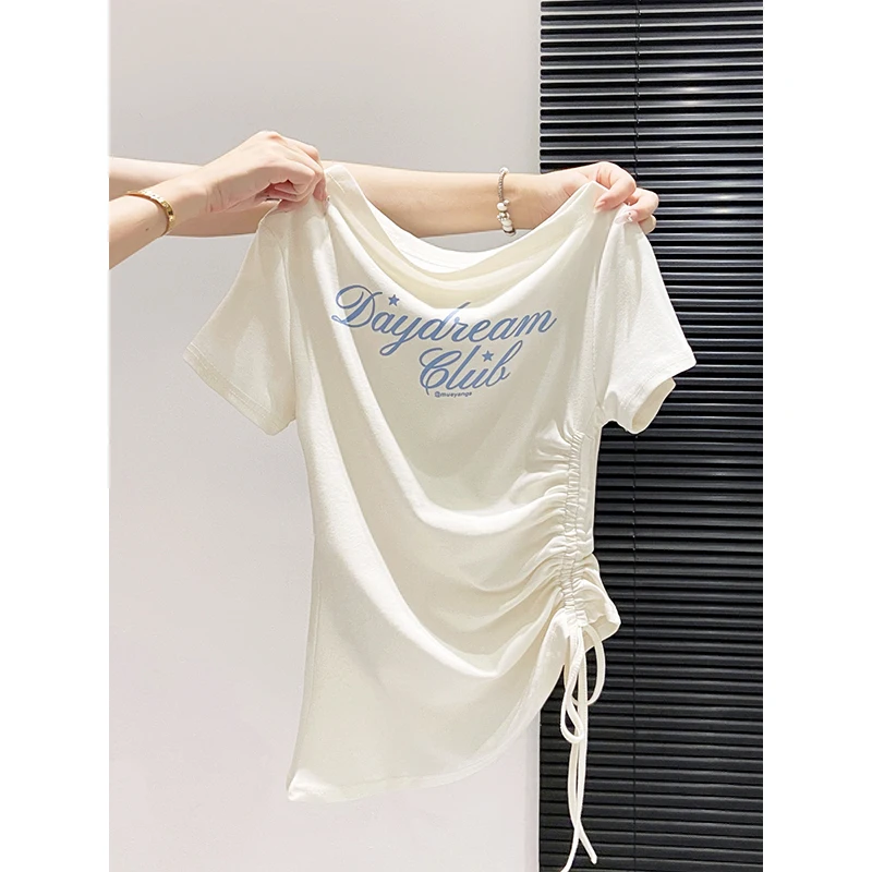 Women's Off-shoulder Short-sleeved T-shirt, New Summer Style, Hot girl Style, Side Drawstring, Fitted Waist, Slim-fitting Top