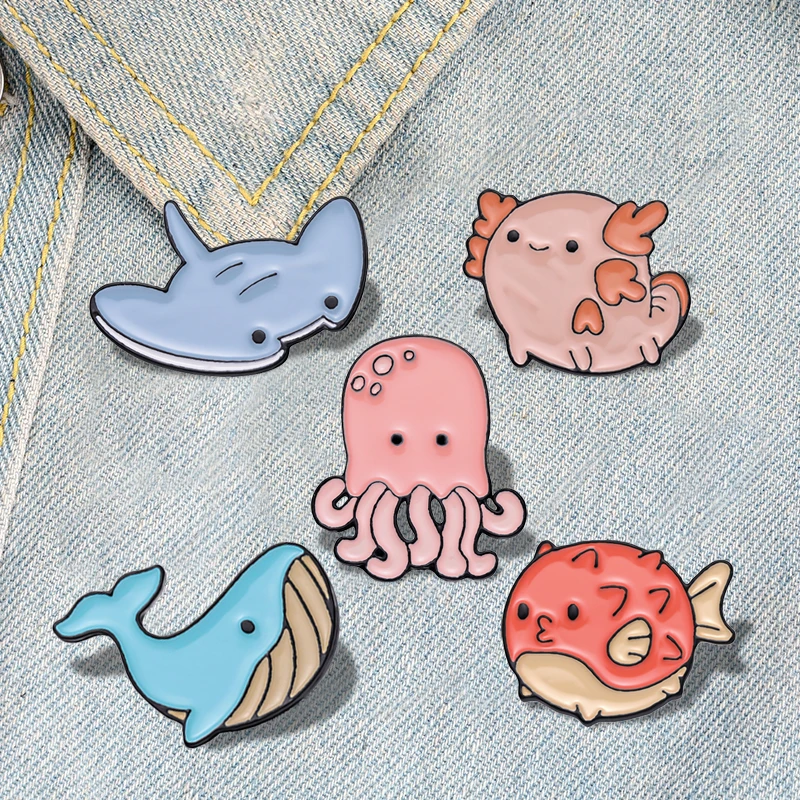 Ocean Animals Enamel Pins Custom Whale Shark Otter Pufferfish Axolotl Sea Lion Brooch Lapel Badges Jewelry Gift for Kids Friends